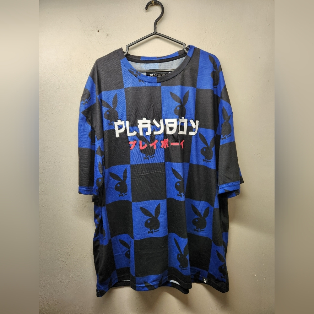 Playboy Japanese  checkerboard blue black t-shirt boxy fit nwot
